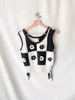 Industry Black & Cream Checkerboard Floral Knit Vest